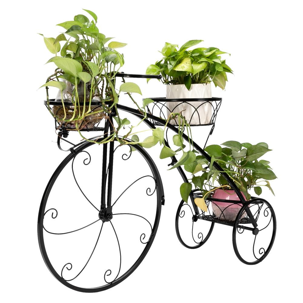 Black Metal Tricycle Plant Stand Bicycle Flower Pot Holder Patio Garden Decor 