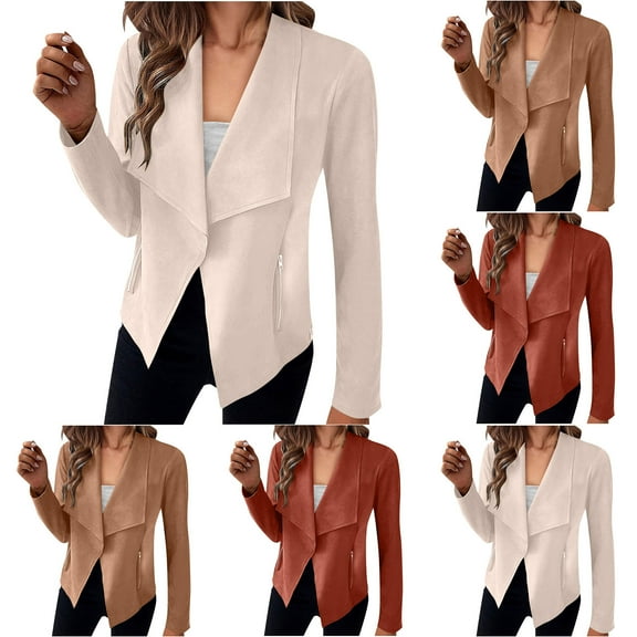 Feancey Women's Faux Suede Jackets Spring Long Sleeve Open Front Cardigans Lapel Casual Cropped Cardigan Jacket Lightweight Coats White M