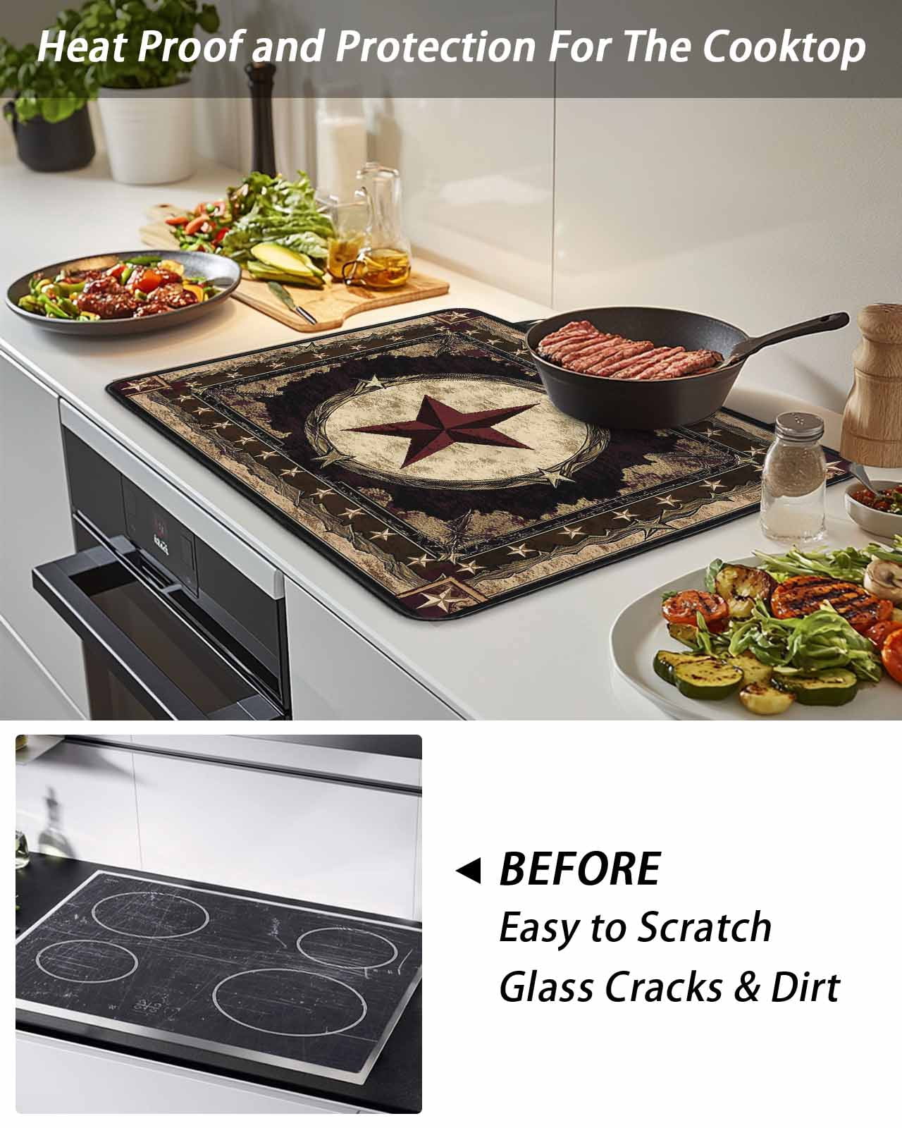 Stove Top Covers for Electric Stove, Western Stars Brown Glass Stovetop Cover Protector, Farmhouse Country Vintage Wood Grain Induction Cooktop Protector Oven Mat for Kitchen Countertop 24"x21"