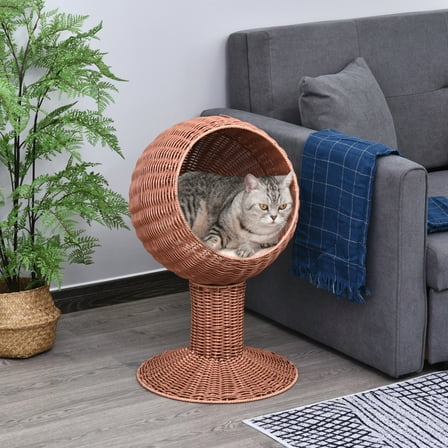 PRZL Elevated Cat Bed with Rotatable Egg Chair Pod, Cat Basket Bed with Thick Cushion, Natural Mat Grass Woven Kitty House