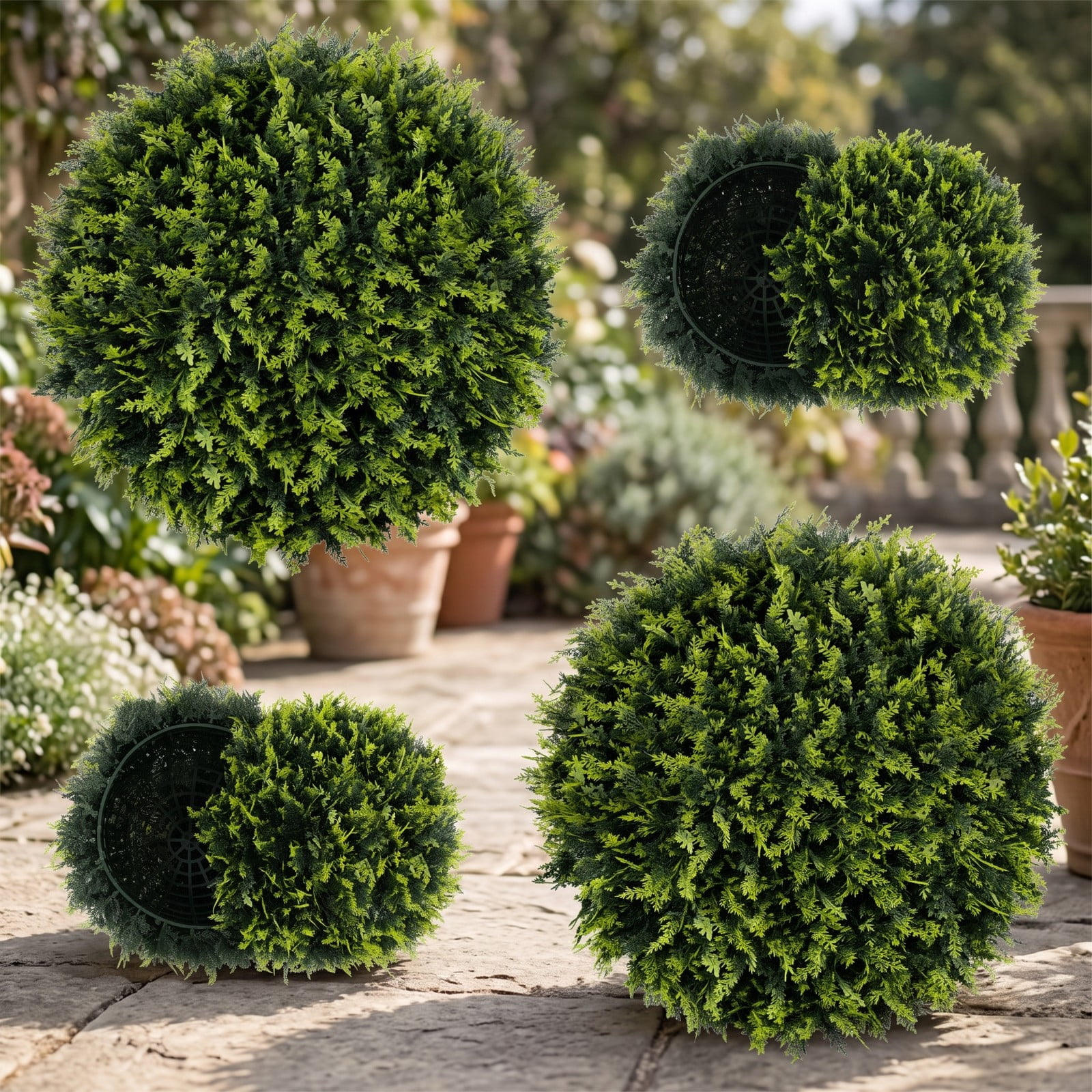 ALPULON 2 Pieces 18 Inch Faux Boxwood Topiary Balls, Indoor Outdoor Artificial Decorative Balls for Patio Garden Front Door Balcony and Backyard, Green