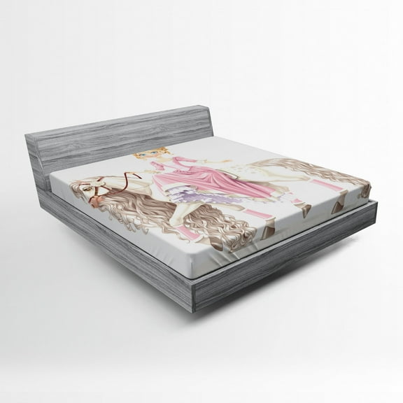 Ambesonne Feminine Fitted Sheet, Cartoon on White Horse, Queen Size, Cream Pink