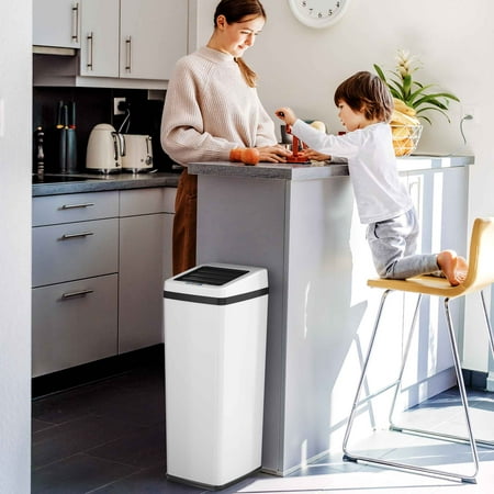 iTouchless - 14 Gallon Sliding Lid Sensor Trash Can with AbsorbX Odor Control System, Automatic Kitchen Bin - White stainless steel