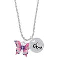 thumbnail image 1 of Delight Jewelry Silvertone Large Hot Pink & Purple Butterfly Silvertone Script Initial Disc - K - Charm Necklace, 20"+3", 1 of 4