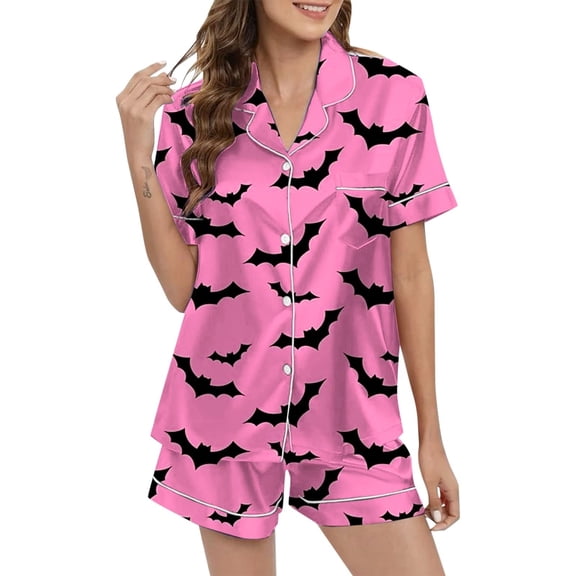 Halloween Pajama Set Women 2 Piece Pj Set Ghost Graphic Button Down Soft Breathable Sleepwear with Shorts Easy Fit Cute Lounge Sets