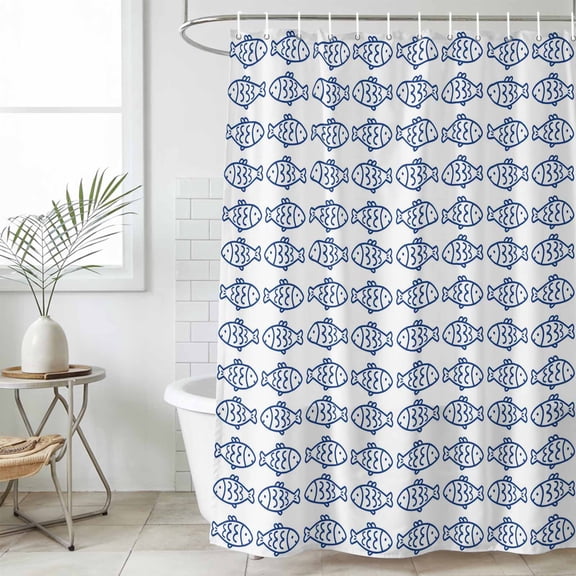 Ocean Blue Fish Small Stall Shower Curtain, Waterproof Shower Curtains for Bathroom, Summer Fishing Coastal Nautical Simple Washable Fabric Bath Curtain for Bathtub Decoration with Hooks 36x72 Inches
