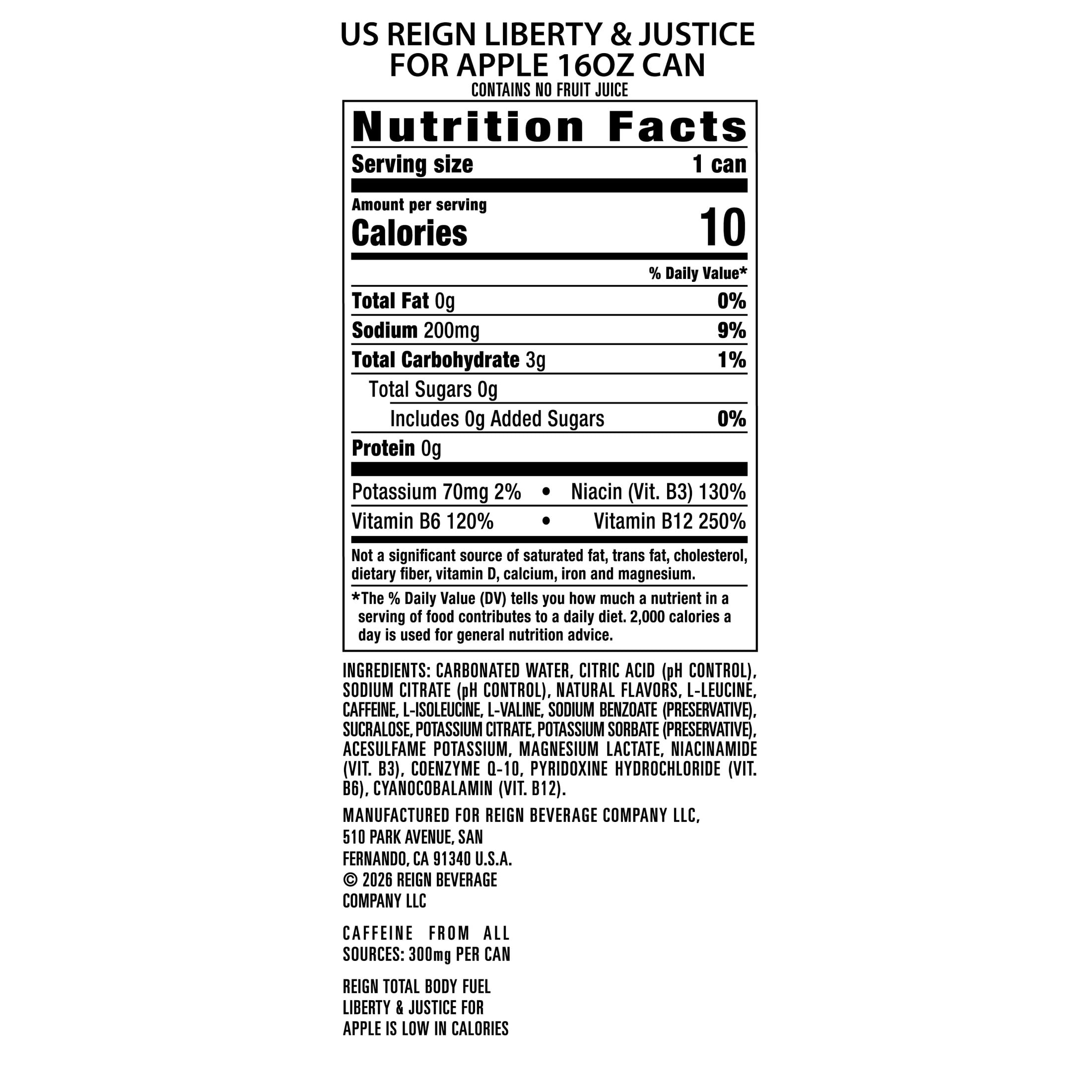 REIGN Total Body Fuel, Liberty & Justice For Apple 12 Pack 16 Fl Oz