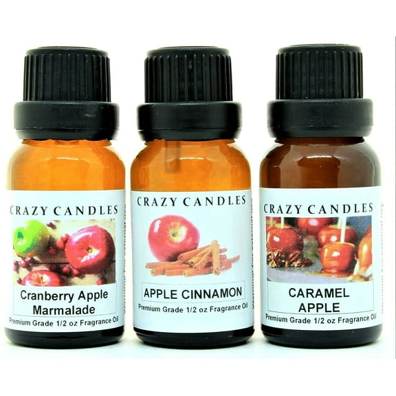 Crazy Candles 3 Bottle Set: Cranberry Apple Marmalade, Apple Cinnamon, Caramel Apple 1/2 Fl Oz Each (15ml) Premium Grade Scented Fragrance Oil Made in USA