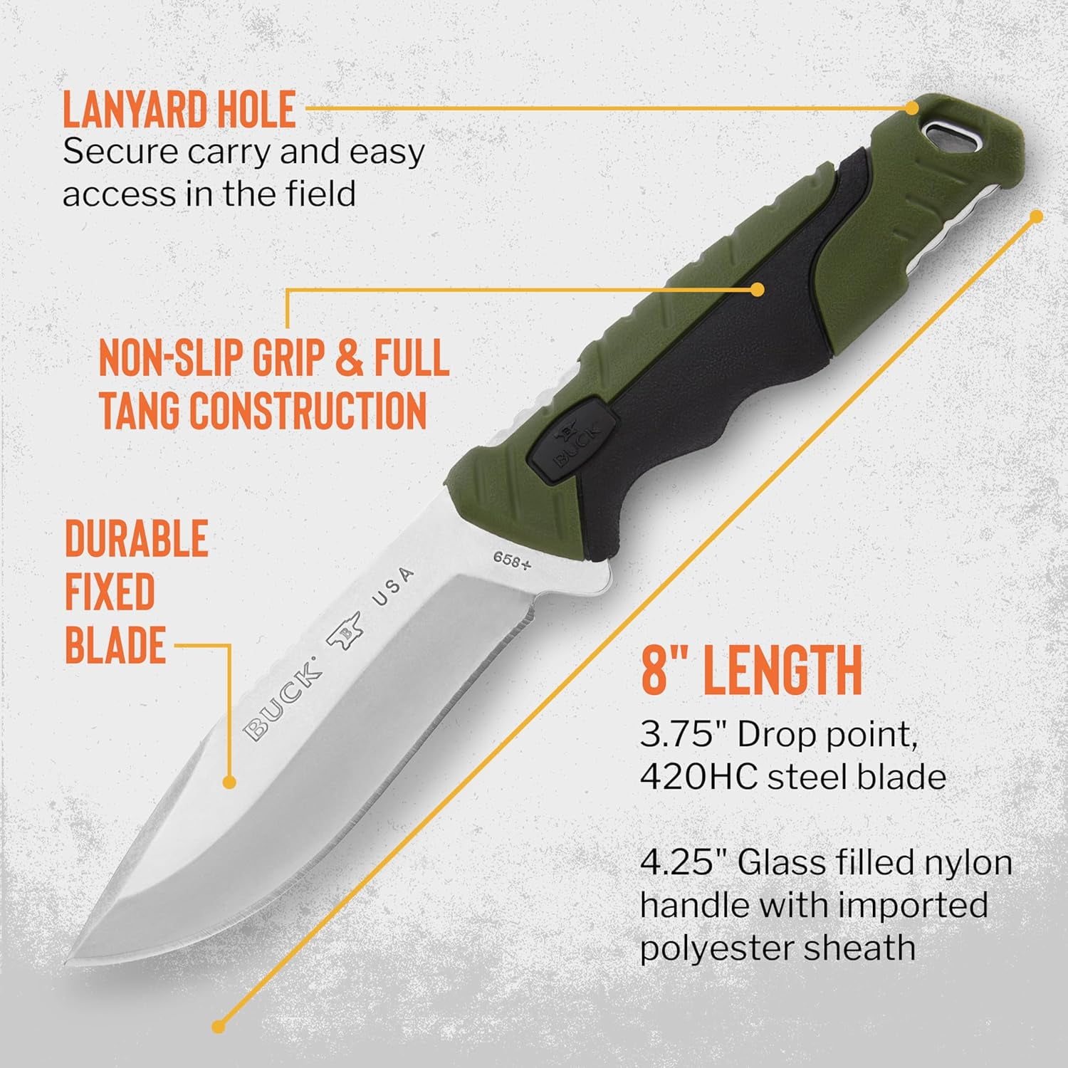 Buck Knives 658 Small Pursuit Hunting Knife, 3-3/4" Fixed Blade, Nylon Handle, Green, 3.3 oz