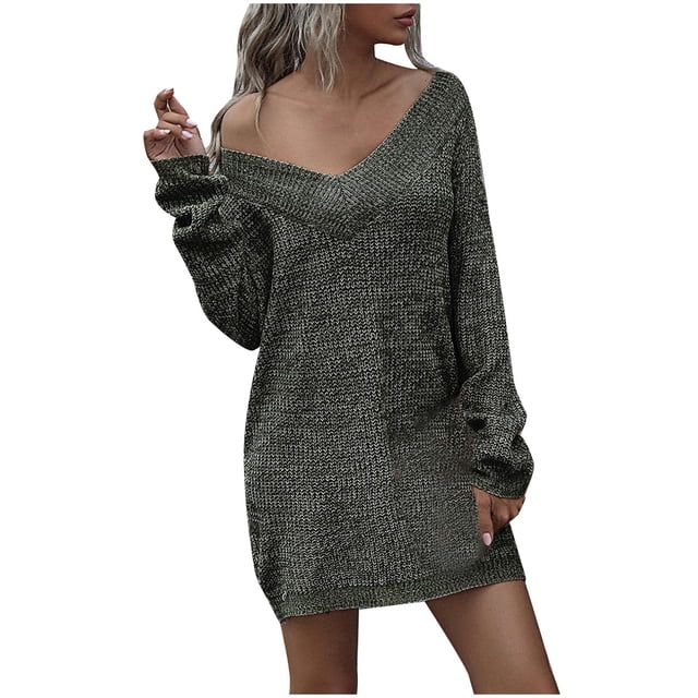 Suéter suelto de cuello en V de punto de color sólido de manga larga para mujer Pompotops hdfakjf11745