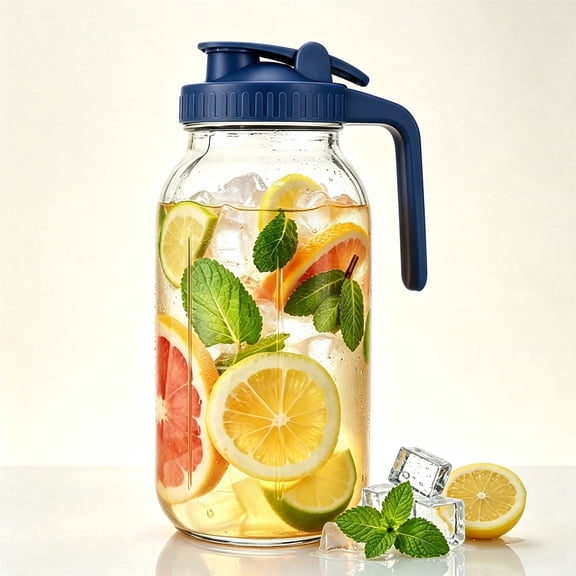 Glass Beverage Pitcher with Blue Lid & Handle, Leakproof Water Carafe with Scale, Iced Tea & Juice Pitcher for Fridge, Kitchen(Blue)