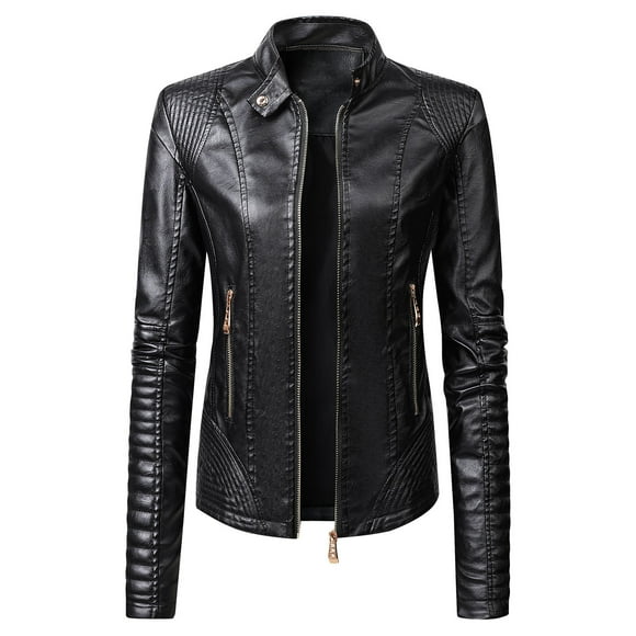 Lovskoo Women Faux Leather Jacket Moto Biker Coat Trendy Jacket Solid Long Sleeve Zipper Pocket Outerwear Tops Short Coat Black