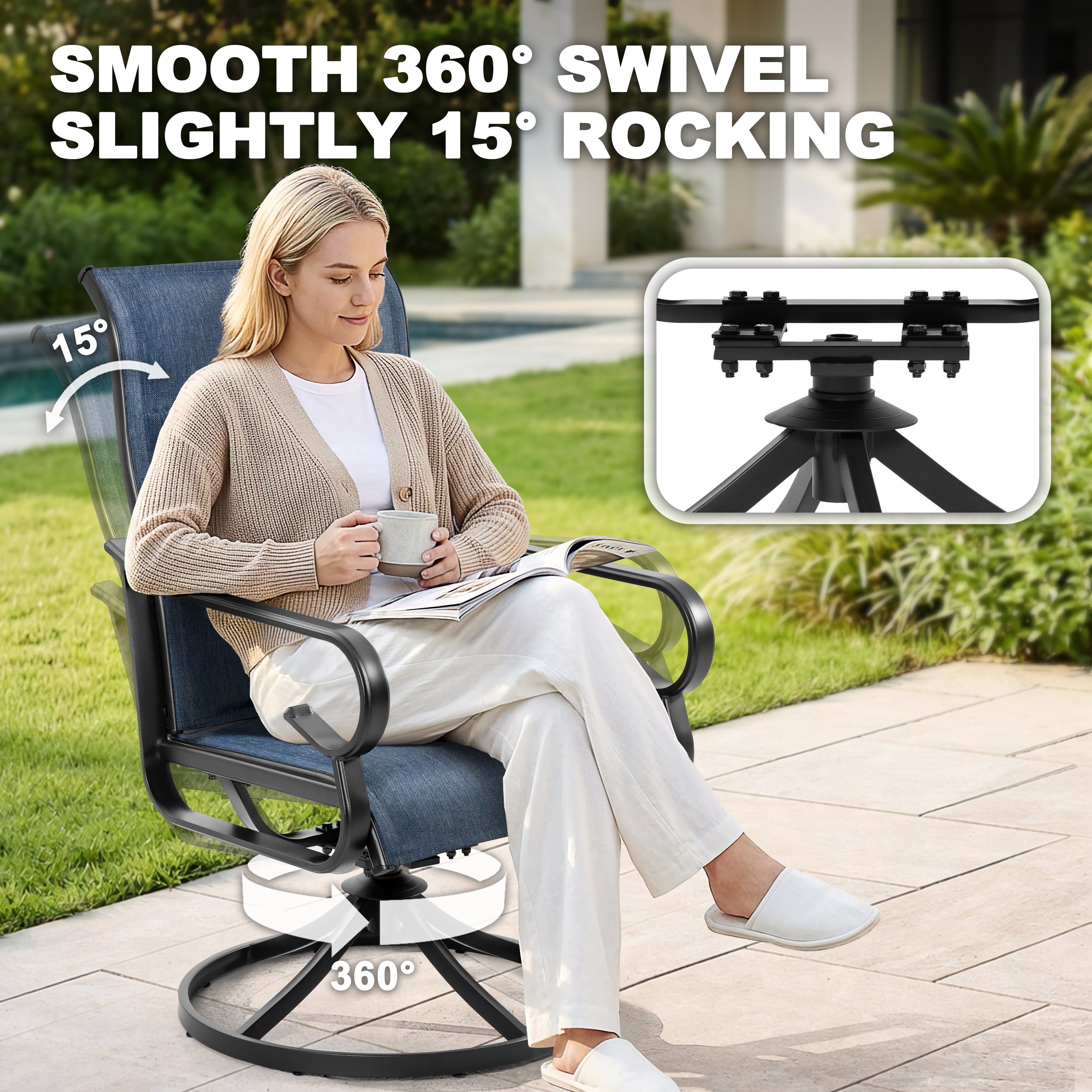 Nuu Garden Patio Swivel Dining Chairs Set of 2, High Back with Padded All-Weather Breathable Textilene, Powder-Coated Swivel Rocker Chairs for Lawn, Porch or Garden, Blue