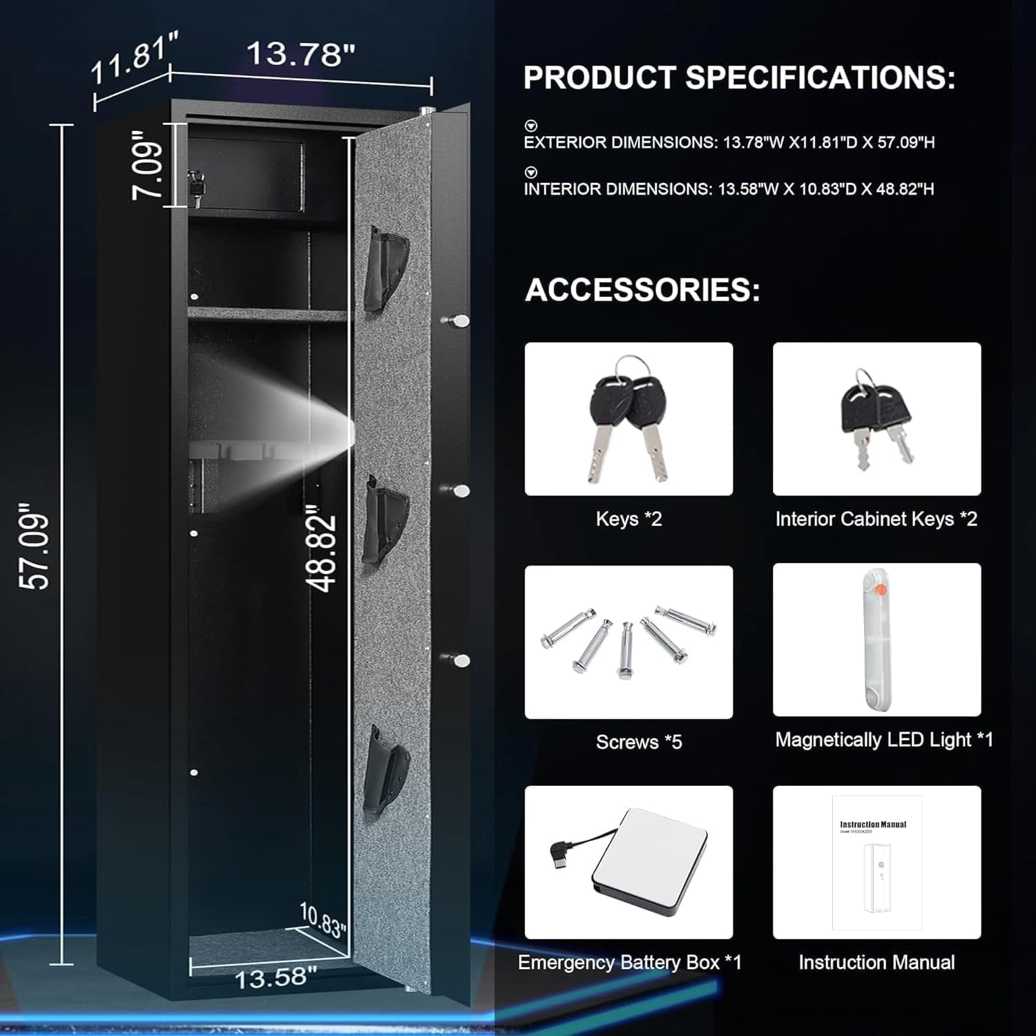 Marcree 5-6 Gun Safe, Gun Safe for Rifles and Pistols, Long Gun Cabinets for Rifles and Shotguns with Dual Alarm System, Quick Access  Safes, No Assembly