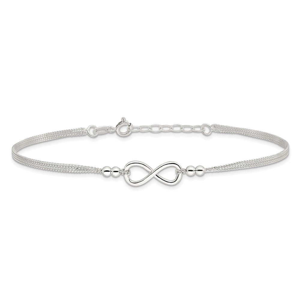 Sterling Silver 2-Strand Beaded Infinity Symbol 10in Plus 1in ext. Anklet