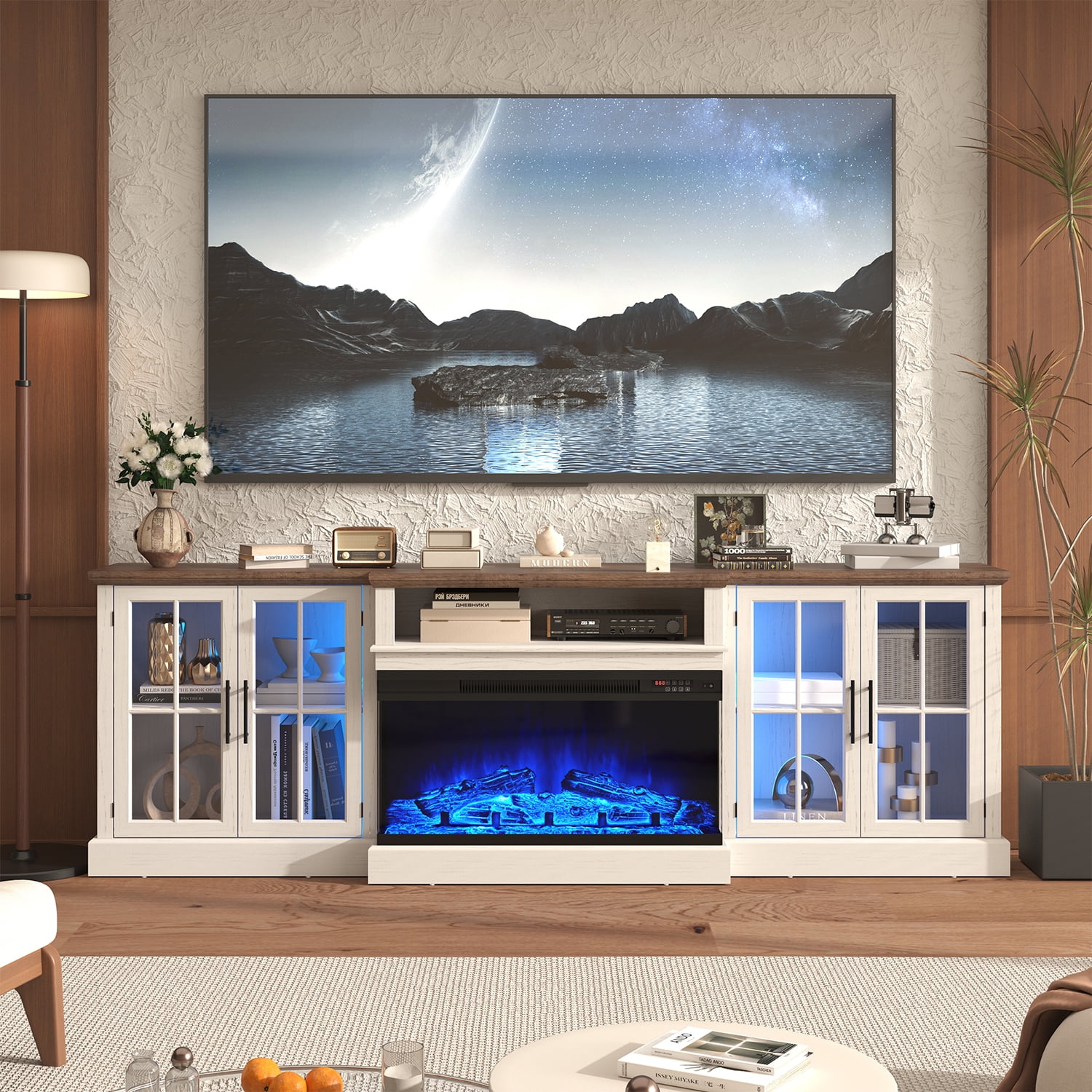 Sonegra 98" Farmhouse TV Stand with Fireplace for TVs up to 100", Media Entertainment Center with Adjustable Shelves and Large Storage Cabinets, for Living Room, White