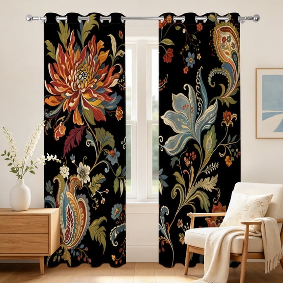 Boho Floral Blackout Curtains 63 Inch,Grommet Top,2 Panels,Thermal Insulated Window Drapes For Bedroom