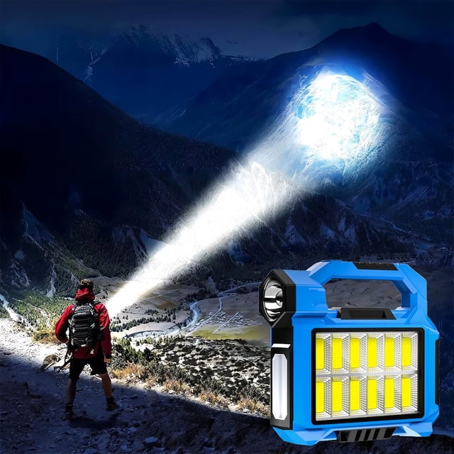 MesaSe Portable Solar LED Work Light 3-Mode Rechargeable COB Flashlight with Power Bank Function 12 LED Floodlight Waterproof Emergency Camping Searchlight USB & Solar Charging Blue