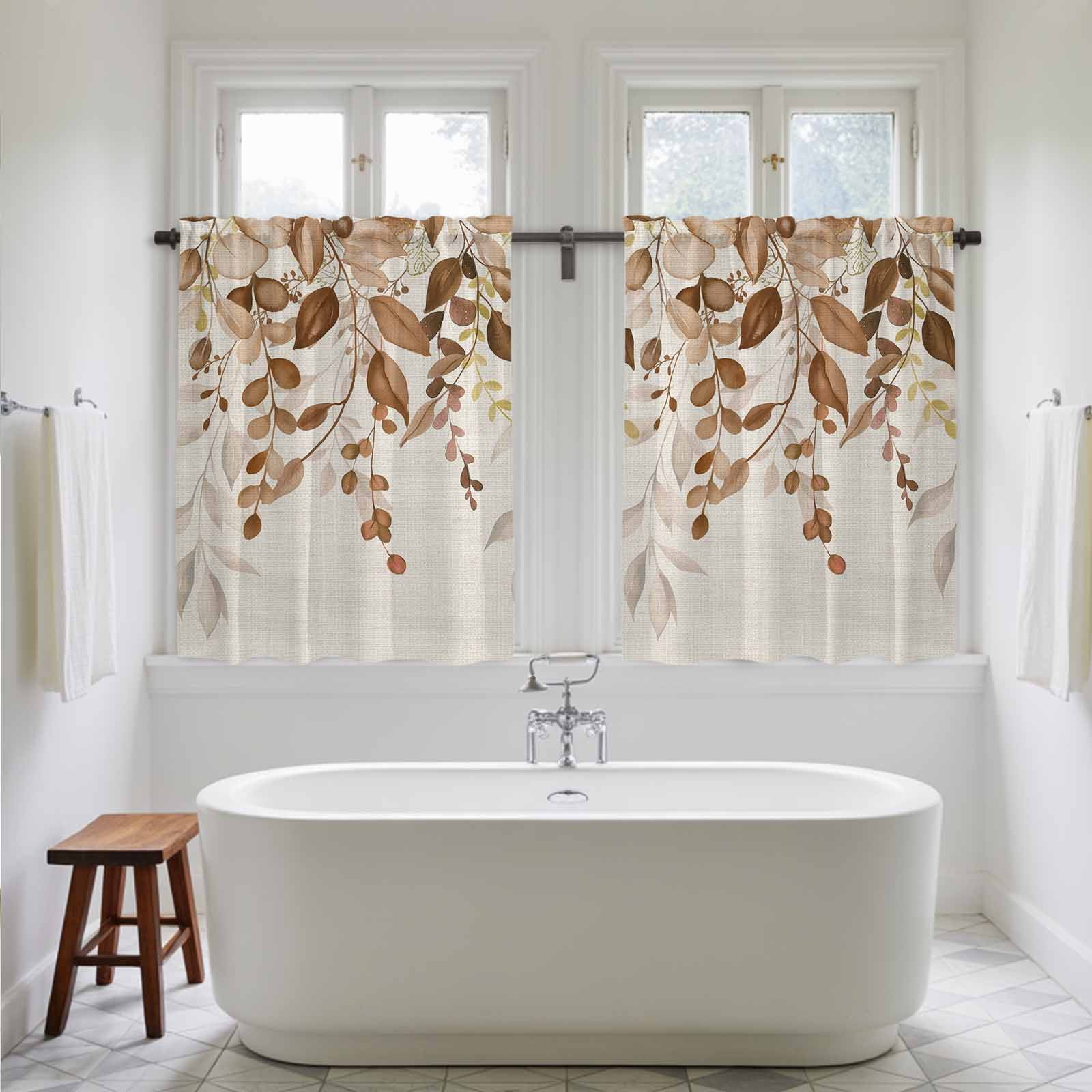 Brown Orange Eucalyptus Kitchen Curtains 54 Inch Length, Farmhouse Weeping Leaves Linen Tiers Curtains for Bathroom Bedroom Cafe, Light Filtering Small Window Treatment Drapes 2 Panels 42"Wx54"L
