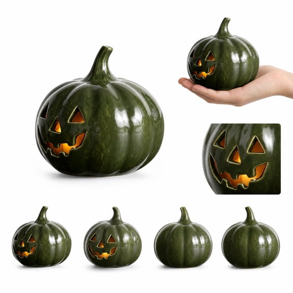MInHoues Halloween Green Resin Jack O Pumpkin Lantern, 6.7Inch Classic Hollow Jack Face Light Transmitting Pumpkin Candle Holder for Halloween Event Party Home Table Decoration