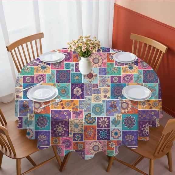 Pioneer Flower Floral Print Pattern Round Tablecloth 70"x70", Wrinkle Resistant Wipeable Table Cover for Kitchen Dining Room Picnic Patio and Party