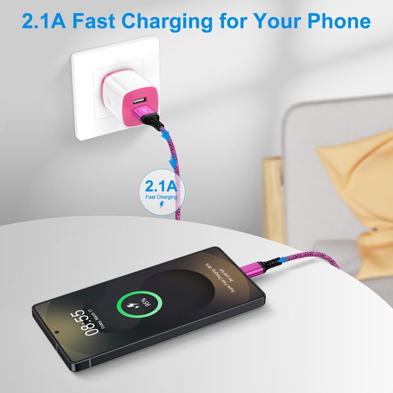 2.1A Dual-Port Fast Wall Charger Block, Phone Charger with 2Pcs 10FT Cables, Power Adapter Compatible with iPhone 17/16/15 Pro Max iPad Pro Galaxy S26 Android,Pink