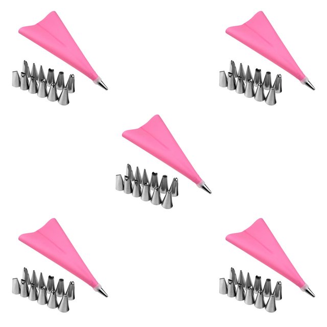 Decodeary 14 PCS/Set Silicone Pastry Bag Tips Kitchen DIY Icing Piping Cream Reusable 1 Pastry Bags +24 Nozzle Set Cake Decorating Tools pink 5Set