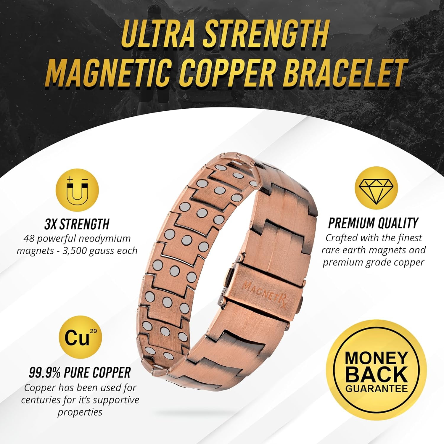 Copper Bracelet for Men Band with Fold-Over Clasp and Adjustable Links (Legacy)
