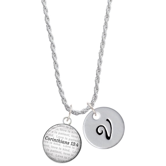 Delight Jewelry Silvertone Domed Corinthians 13:4 Silvertone Script Initial Disc - V - Charm Necklace, 20"+3"