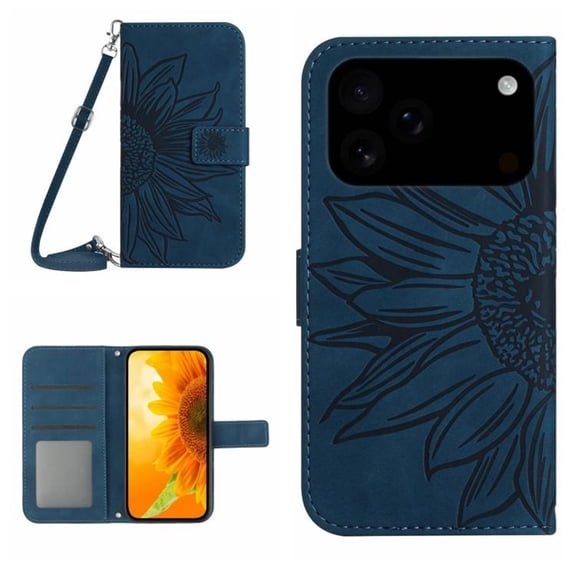 For IPhone 17 Pro Max 6.9" Sunflower Embossed Strong Magnetic Attachment/Closure, Card Slots/Pocket, PU Leather Flip Wallet Case With Hanging Rope,Blue,For iPhone 17 Pro Max