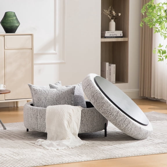 31.3" Round Storage Ottoman, LUFTUT Chenille Upholstered Ottoman Coffee Table with Reversible Lid, Channel Tufted Storage Foot Stool with Metal Legs,for Living Room Bedroom Apartm