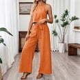 thumbnail image 2 of Women's 2 Piece Outfit Textured Crinkle Fabric Halter Sleeveless Crop Top Drawstring Wide Leg Pants Summer Vacation Casual Matching Set Orange, 2 of 9