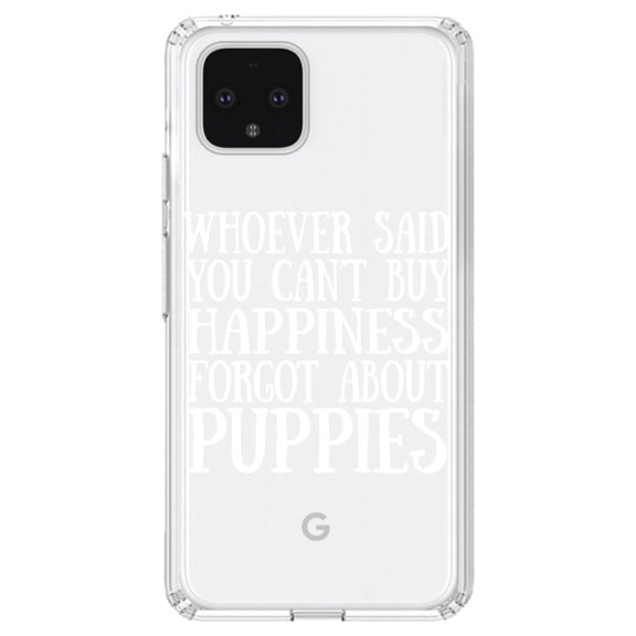 DistinctInk Clear Shockproof Hybrid Case for Google Pixel 4 (6.1" Screen) - TPU Bumper Acrylic Back Tempered Glass Screen Protector - Can't Buy Happiness Forgot About Puppies