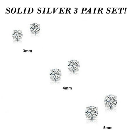 SET OF 3! Tilo Jewelry 925 Silver Round CZ Stud Earrings with Push-backs (3,4,5mm) Women, Men, Unisex