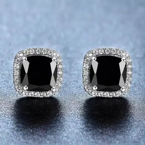 14K Gold Plated Cushion Cut Square Black Onyx Cubic Zirconia Men Women Earrings