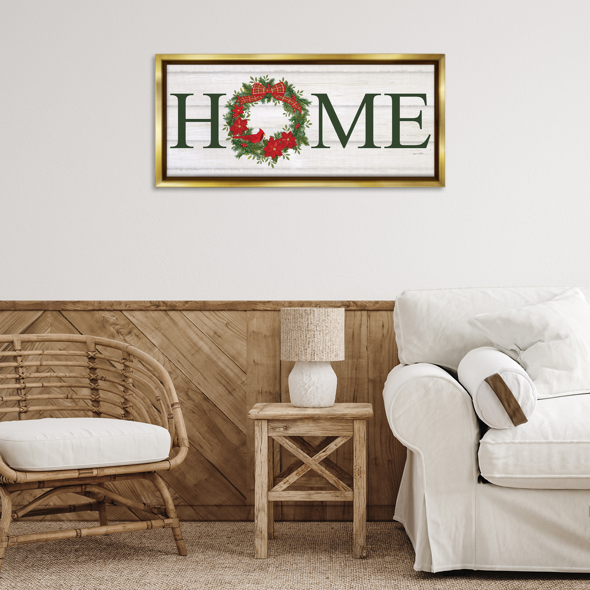 Stupell Industries Home Seasonal Wreath Botanical & Floral Painting Gold Floater Framed Canvas Art Print Wall Art, 31 x 14