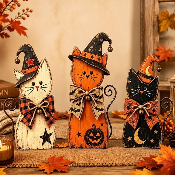 Vintage Wooden Scarecrow Fall Decor Set, 3 Pcs Rustic Harvest Figurines (A) | Pumpkin Maple Sunflower Designs, Farmhouse Tabletop Thanksgiving Autumn Home Decorations for Indoor Mantel Shelf