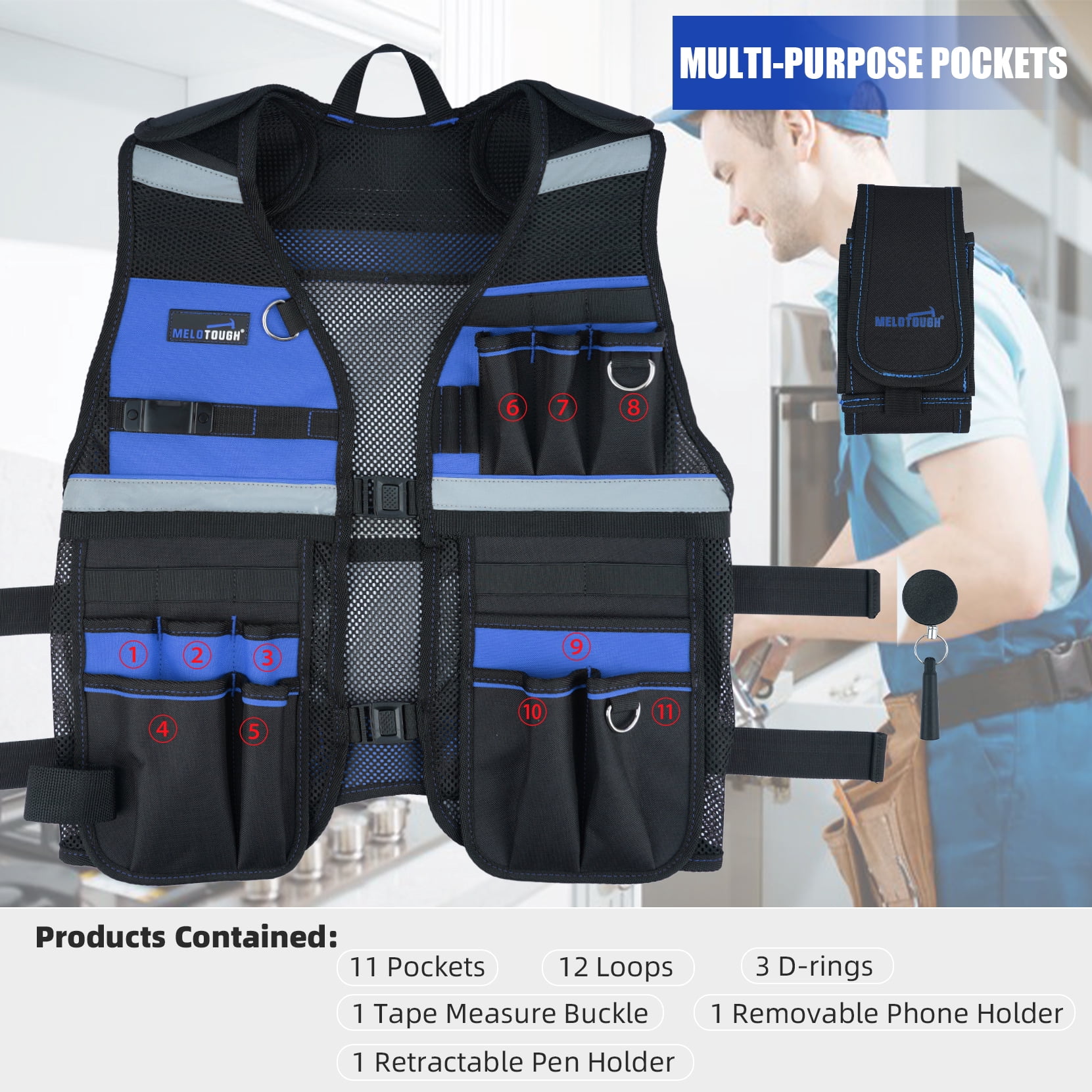 MELOTOUGH Tool Vest for Men Reflective Safety Tool Vest with Adjustable Straps, Removable Phone Holder for Electrical, Carpenters, Construction, Handyman (Blue)