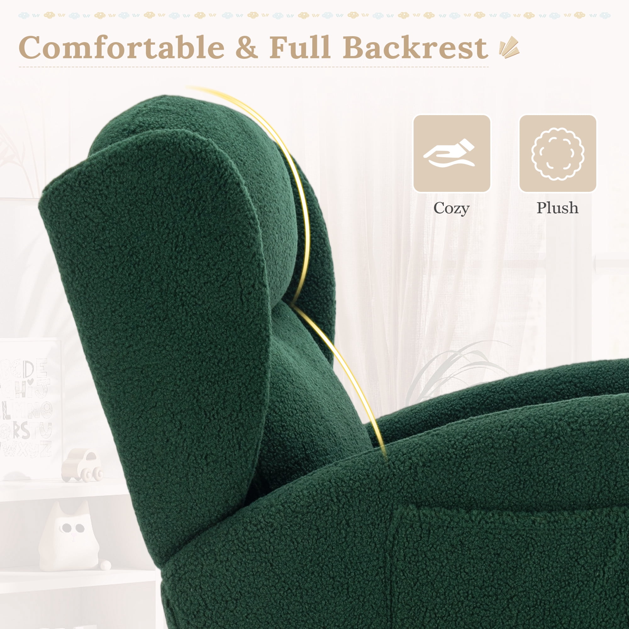 Muumblus Nursery Rocking Chair, Wingback Glider Rocker, Indoor Uphlostered Rocking Chair, Green Teddy
