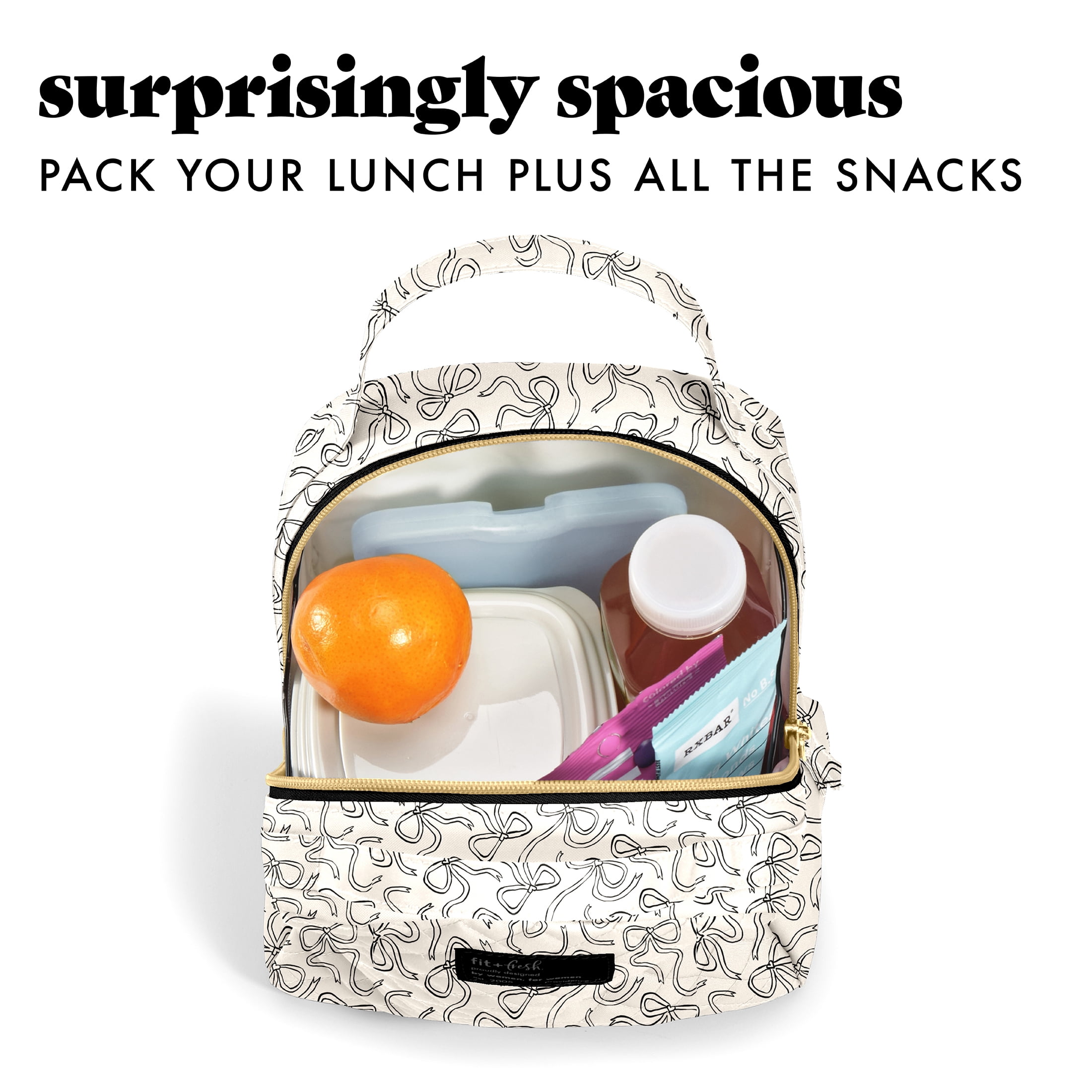 Fit & Fresh Evelyn Quilted Lunch Bag for Women, White with Black Sketched Bows
