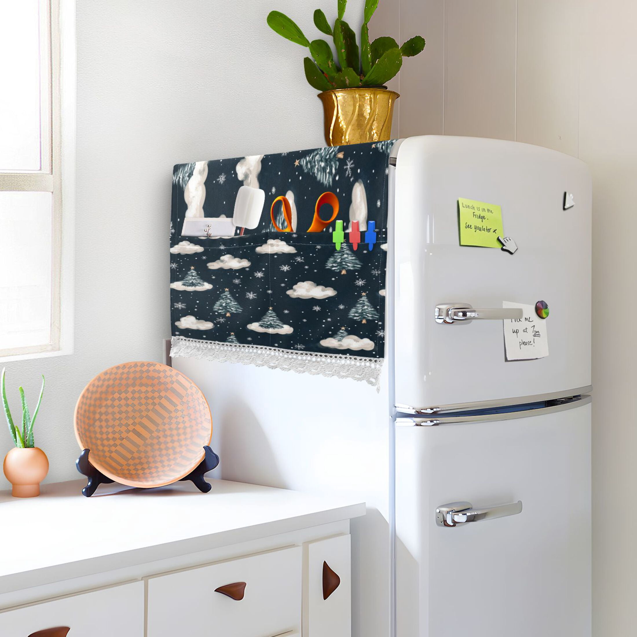 Christmas Trees and CloudWasher and Dryer Covers Dust-Proof and Oil Resistant Fridge Cover with 4 Storage Pockets Washing Machine Top Cover for Laundry Kitchen Home 51.2 x 22 In