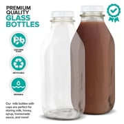 32 oz Glass Milk Bottles w/ 3 white caps (1 pack) - Food Grade Milk Jars with Lids - Dishwasher Safe - Bottles for Milk, Buttermilk, Honey, Maple Syrup, Jam, Barbecue Sauce