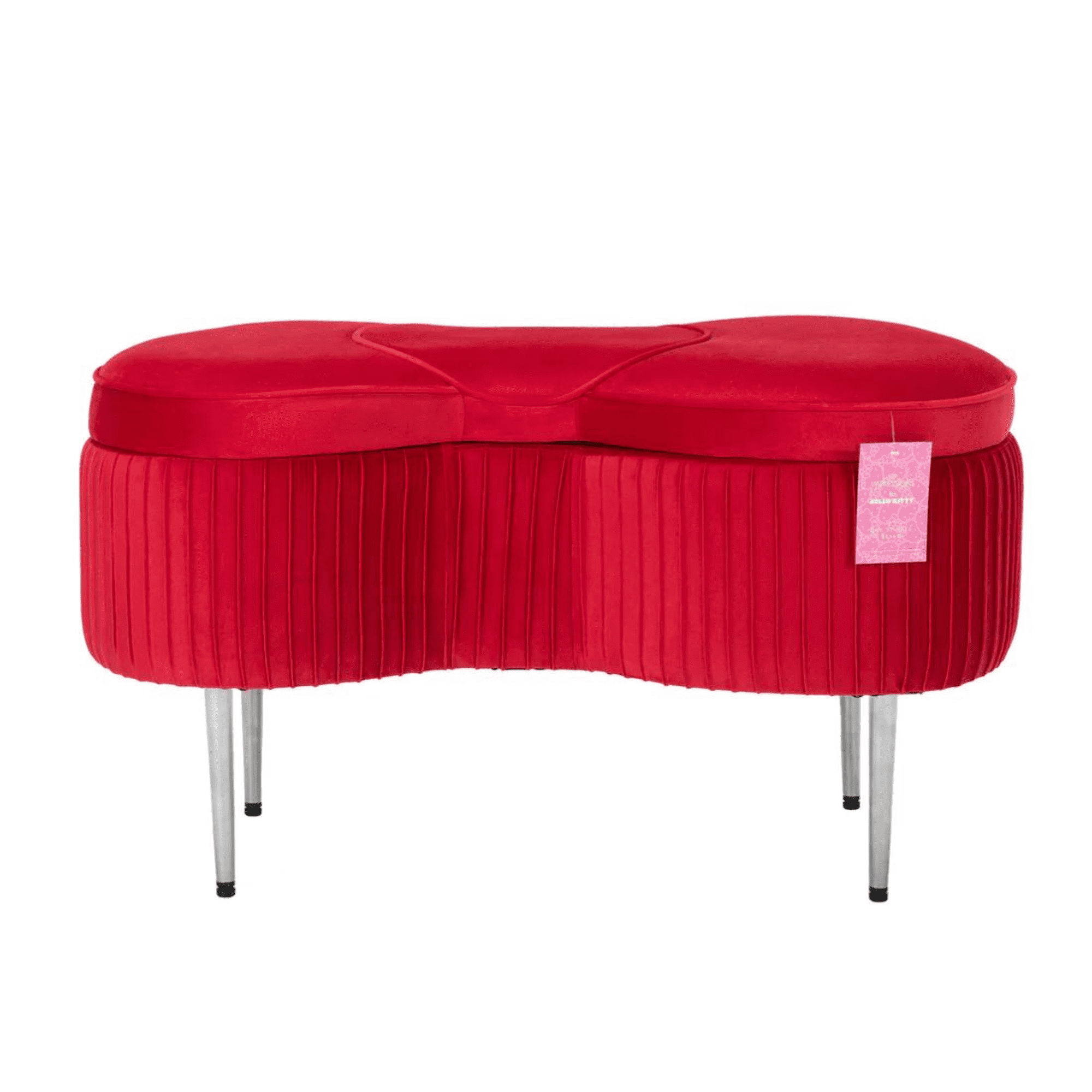 Impressions Vanity Hello Kitty Bow Velvet Ottoman Storage , Silver Metal Legs, Red