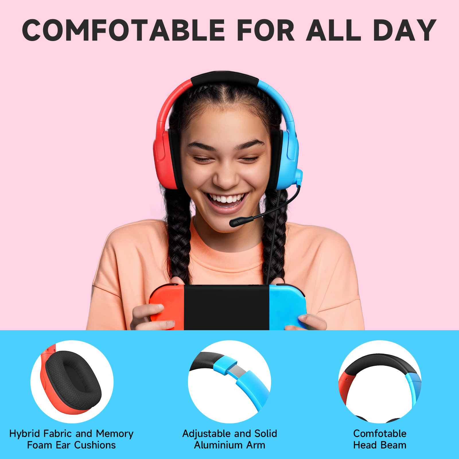 Fonhaid Gaming Headset with Noise-Canceling Mic, Red & Blue photo 3