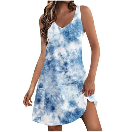 LMKIHUSA Womens Summer Tank Dresses 2024 Loose V Neck Sleeveless Tie Dye Floral Tshirt Sundresses Swimsuit Beach Dress with Pockets Multicolor XL