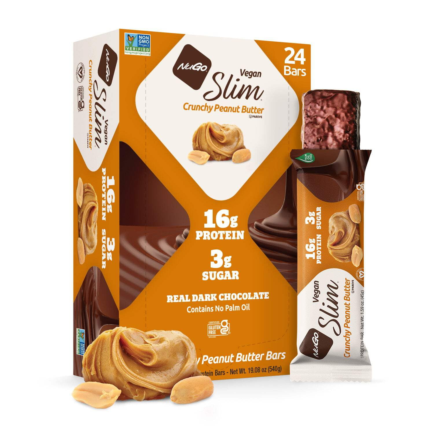 NuGo Slim Dark Chocolate Crunchy Peanut Butter, 17g Vegan Protein, 3g Sugar, 7g Fiber, 180 Calories, Low Net Carbs, Gluten Free, 24 Count