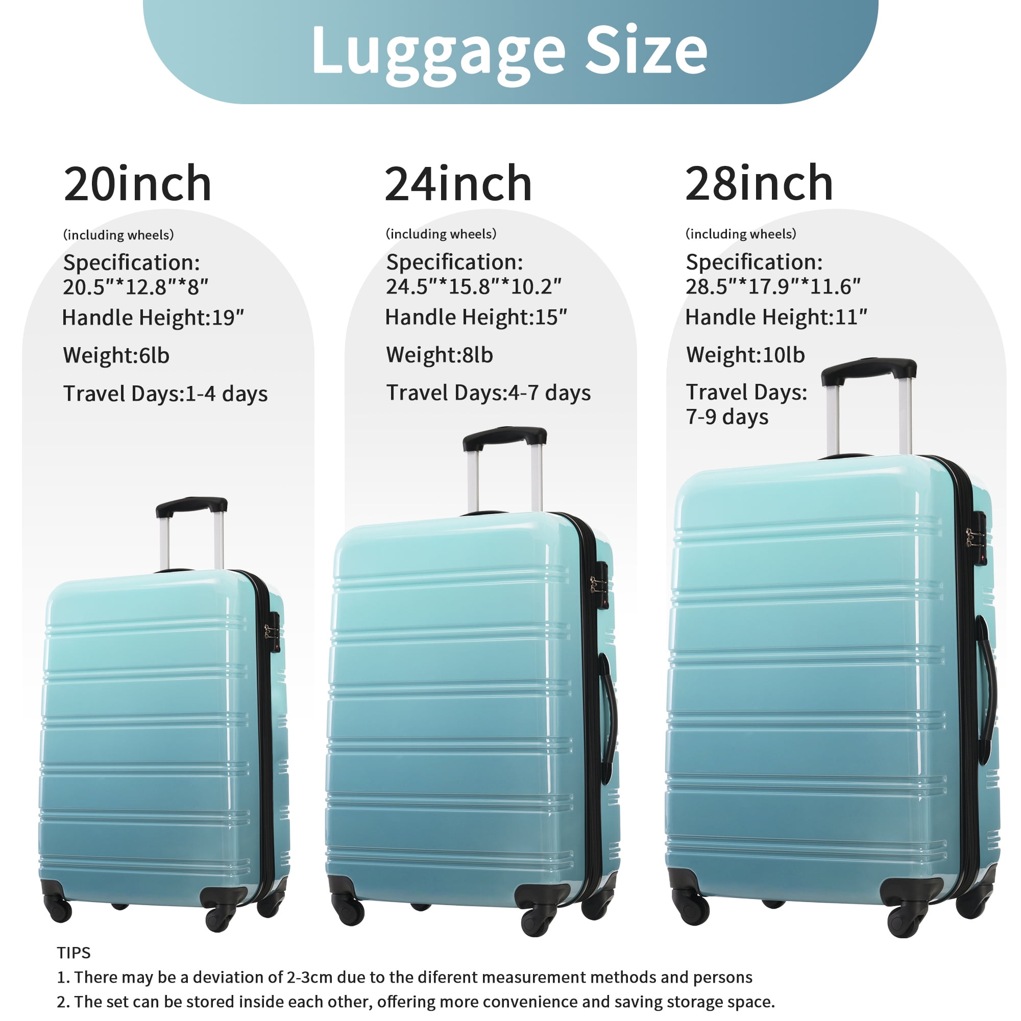 MAYEERTY 3-Piece Gradient Color PC Hardshell Luggage Set - Expandable Scratch-Proof with TSA Lock & Spinner Wheels