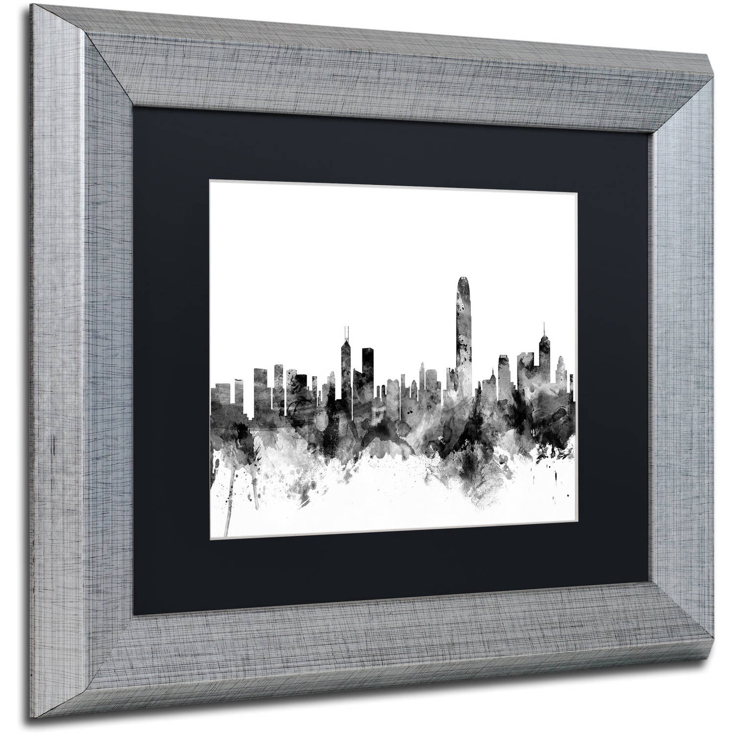 Trademark Fine Art "Hong Kong Skyline B&W" Canvas Art by Michael Tompsett, Black Matte, Silver Frame