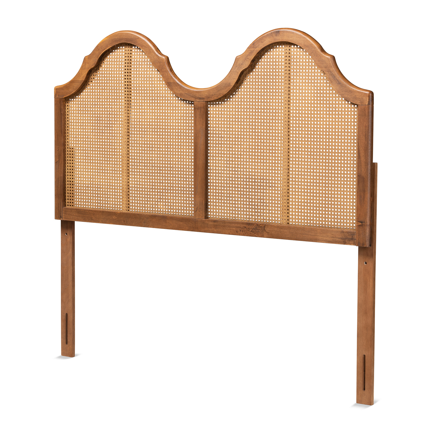 HomeStock Coastal Cool Classic And Traditional Ash Walnut Finished Wood And Synthetic Rattan Queen Size Arched Headboard