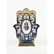 Blue Hamsa Candle Holder Hand Painted Enamel with Crystals. W: 7", H: 9 1/4"